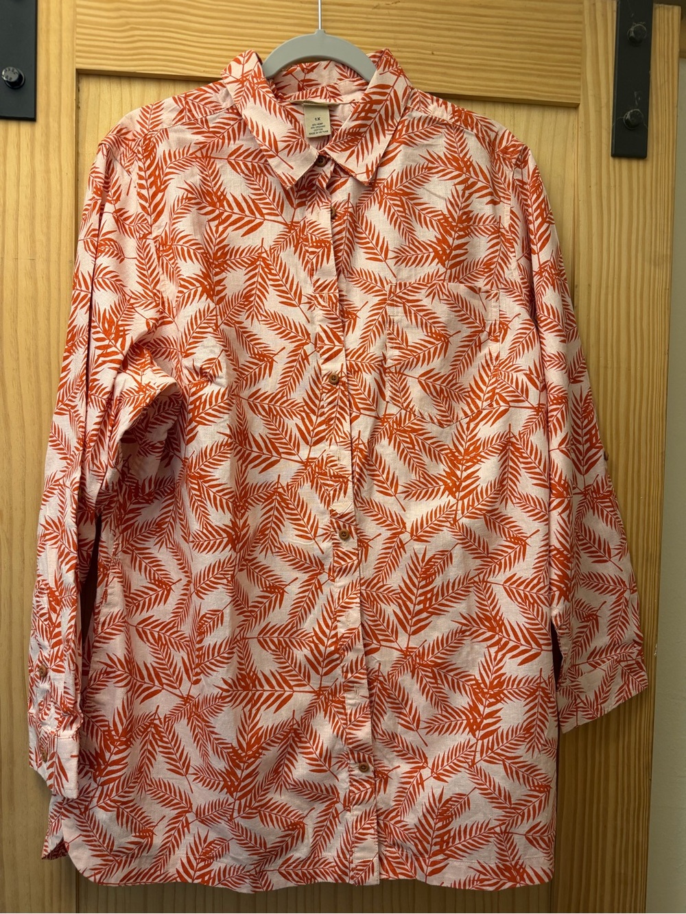 Duluth Trading Co Orange Leaf-Print Button-Down Shirt